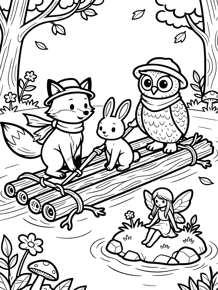 A group of woodland creatures build a raft from fallen branches to rescue a stranded fairy stranded on a small island.