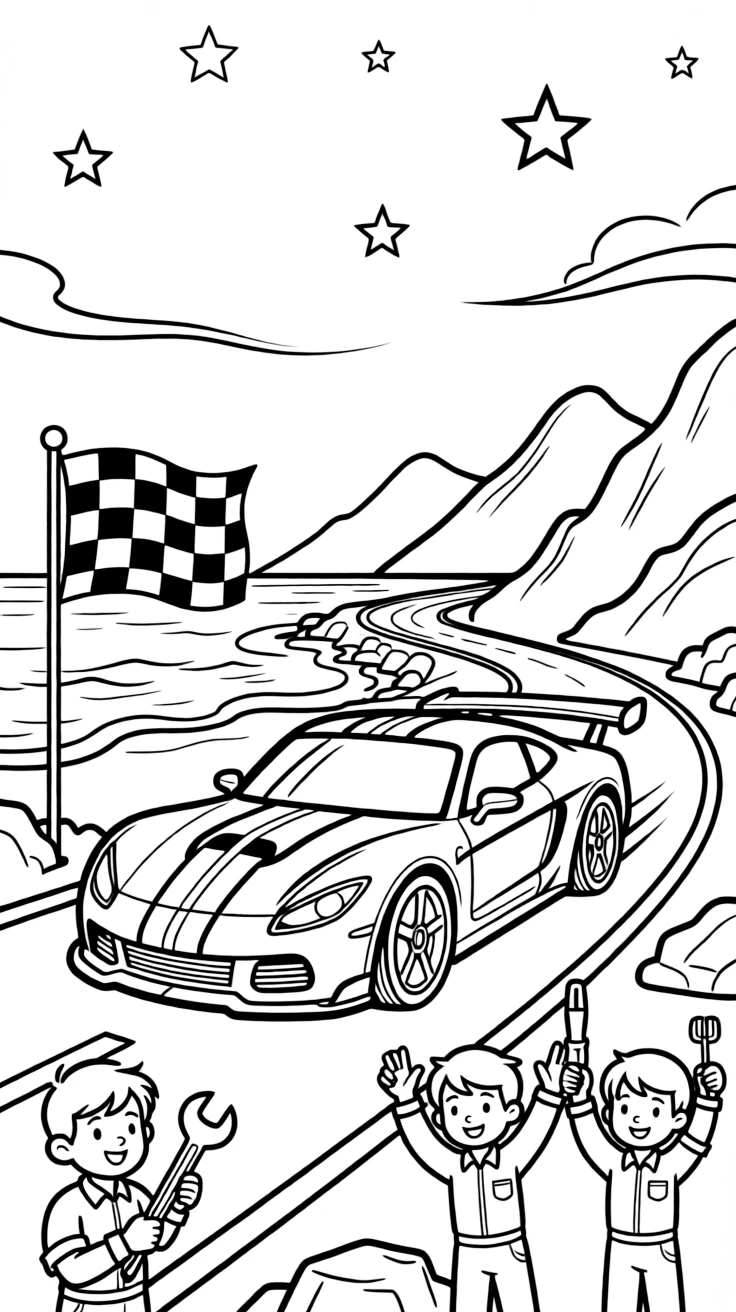[Race Cars] a turbocharged sports car zooming past a checkered flag along a coastal mountain road. In the background, a pit crew waves tools near the track, adding extra fun to explore. Sponsor-free racing stripes swoop along the body. It all happens under a starry night sky, with a light breeze blowing.