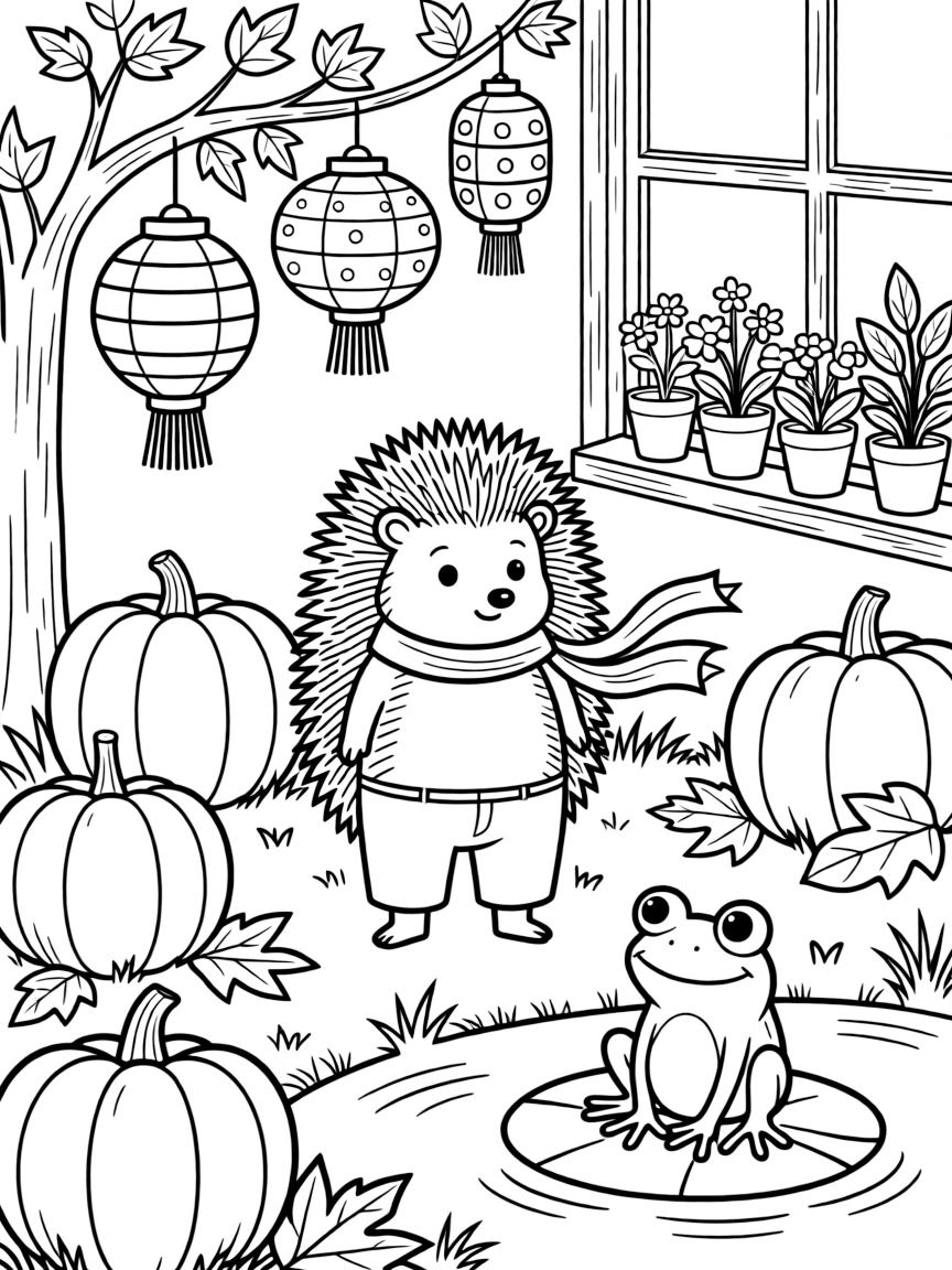 A spiky little hedgehog is hanging paper lanterns for an evening celebration in a pumpkin patch on a crisp autumn day. Scattered nearby, a friendly frog perched on a lily pad and a row of potted plants along a windowsill add a sprinkle of wonder to the moment.