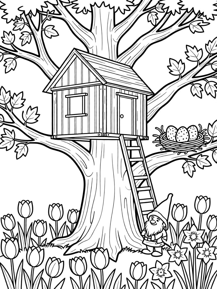 A close-up of a treehouse being built in a big oak in a blooming garden full of tulips and daffodils, surrounded by a garden gnome peeking from the flowers and a nest with three speckled eggs.