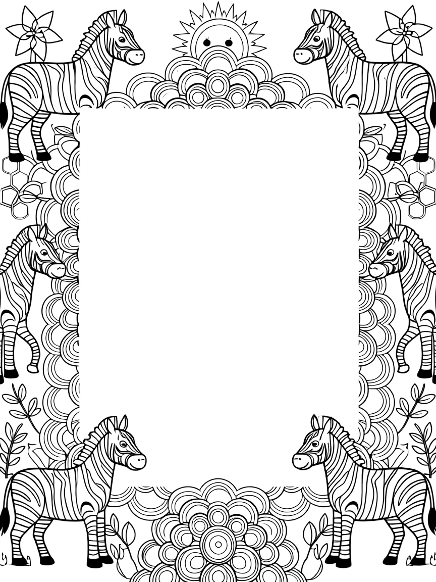Zoo & Safari Animals: The page centers on a repeating motif of a zebra with bold curved stripes, built around a layered rosette mandala with overlapping round petals. The motif is arranged evenly around the four edges of the page, forming a continuous decorative frame around a clear center space. Decorative details fill the surrounding space, including pinwheel blades spinning in place, rows of gentle leaf veins branching outward, and a field of tiny honeycomb cells woven throughout the background. A playful extra touch completes the page: a friendly round sun peeking in from behind the top edge.