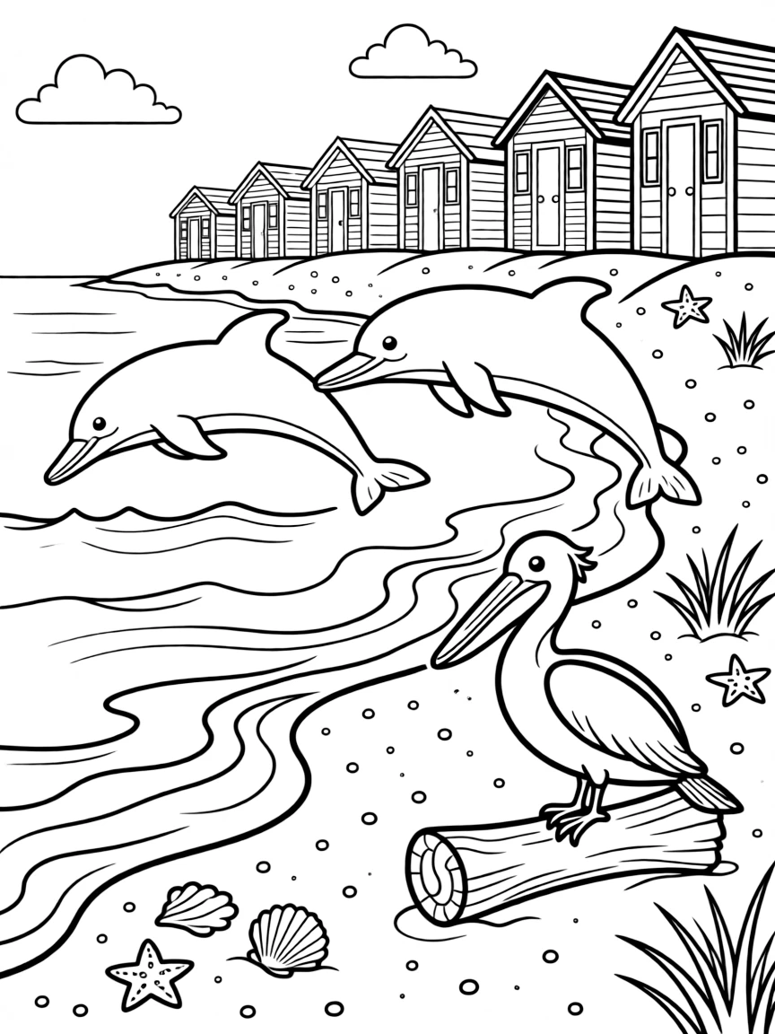 [Sandy Beaches] Two dolphins leap playfully through the waves just beyond the shoreline. A pelican perches on a weathered piece of driftwood near a cluster of seashells. A row of colorful beach huts lines the top of the dune, overlooking the sparkling sea. Golden sunset light glows across the sand as the tide slowly rolls in.