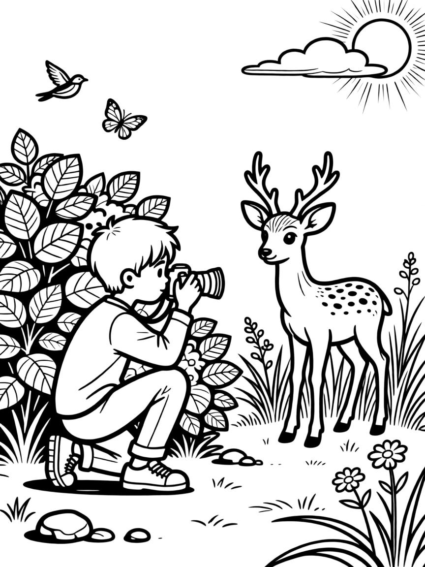 A wildlife photographer crouches behind bushes to snap a photo of a deer.