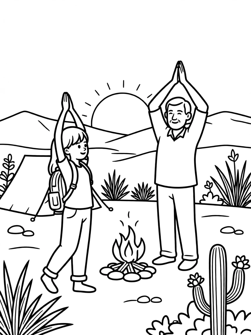 A girl with a backpack stretching through a yoga pose together with a great-grandparent at a desert campsite as the sun sets in orange and pink.