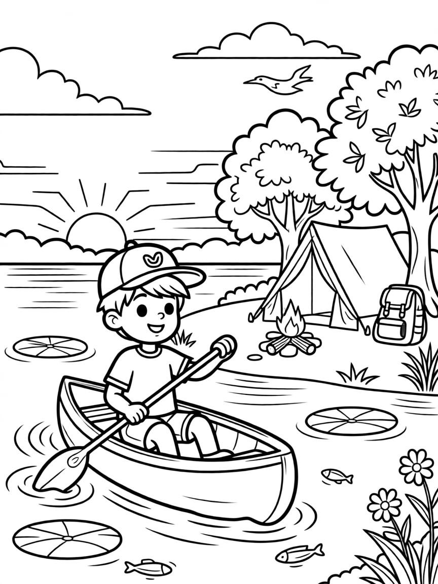 A confident boy wearing a bright cap, watching the sunset paint the sky while paddling back to a lakeside campsite.
