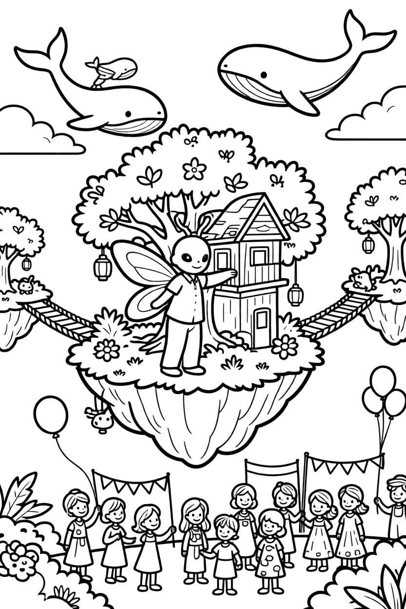 Fenwick, an alien with butterfly-like wings constructing a treehouse on top of a floating island, in a floating island chain connected by glowing rope bridges, with a family of gentle space whales swimming through the clouds and a cheerful crowd gathered for a festival nearby.