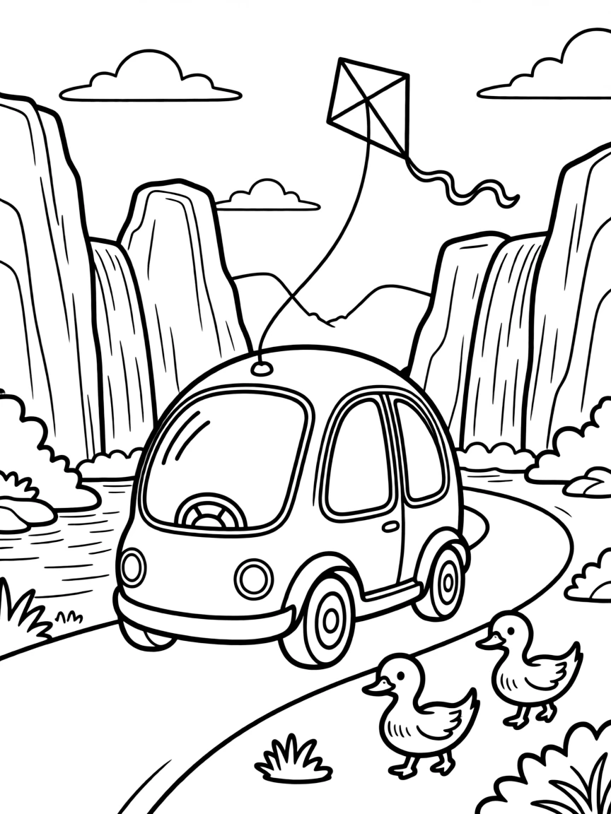 A big, friendly a bubble-shaped self-driving pod car with no steering wheel rolls through a national park with towering waterfalls and rocky cliffs, with a family of ducks waddling alongside enjoying the ride and a kite dancing in the breeze above adding a playful touch.