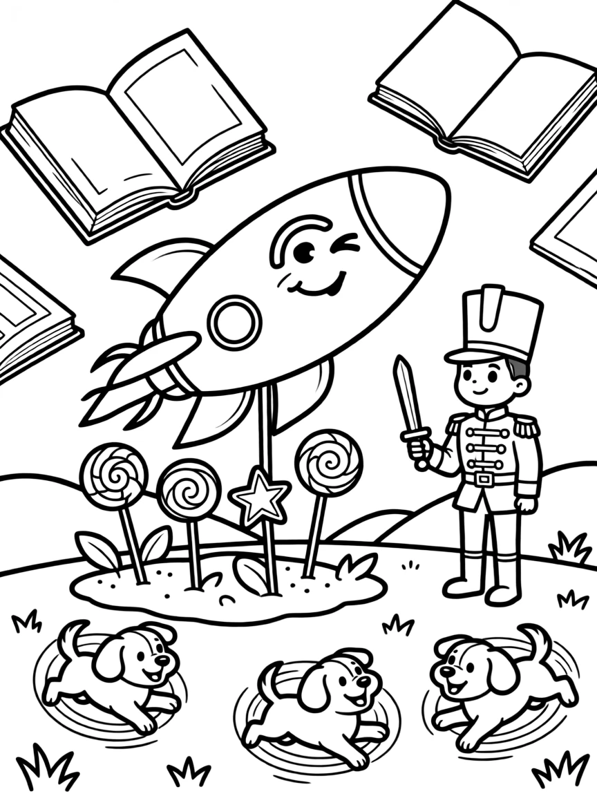 A wiggly rocket ship with a wink is planting a garden of lollipop flowers in a magical library where the books float and flutter, joined by a wind-up toy soldier standing at attention and three bouncing puppies chasing their tails. Giggles echo happily through the whole valley.