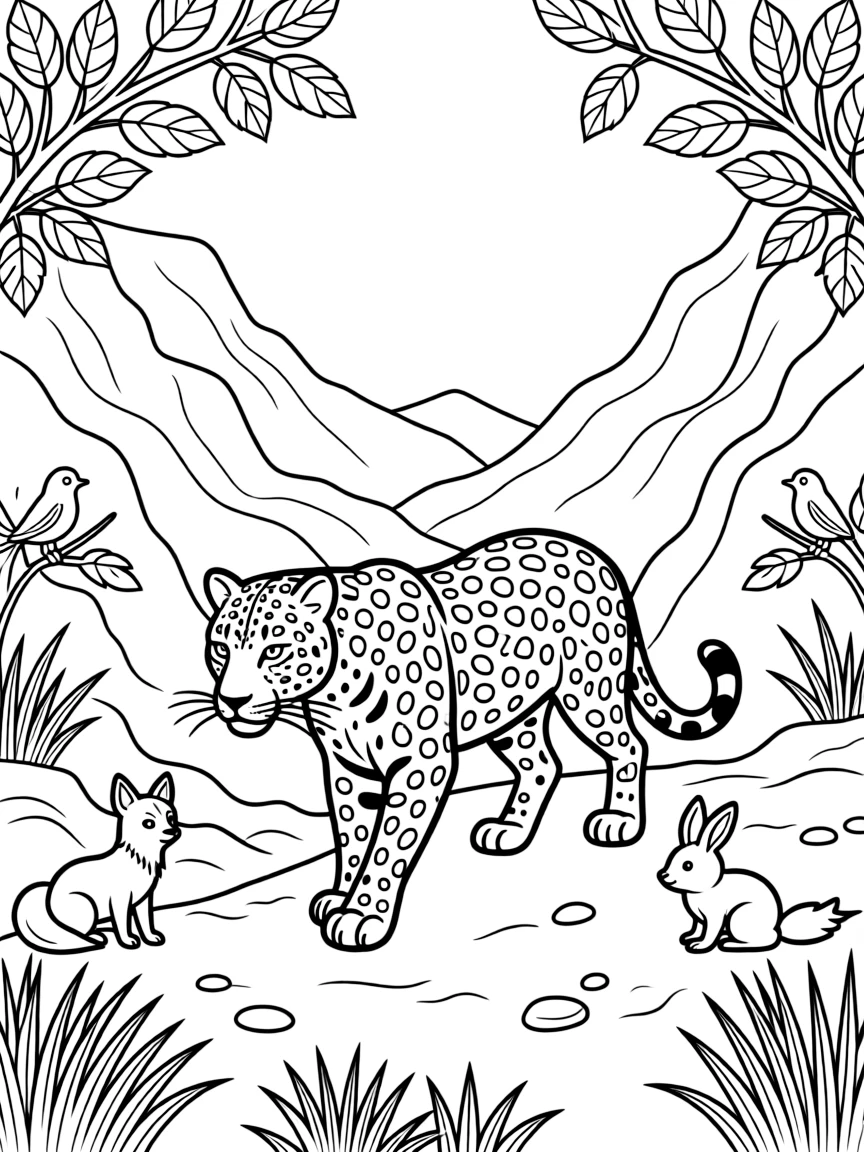 A coloring page spotlighting a Persian leopard walking through a rocky mountain pass in Iran, framed by leafy branches, tall grass, and a few playful smaller creatures nearby.