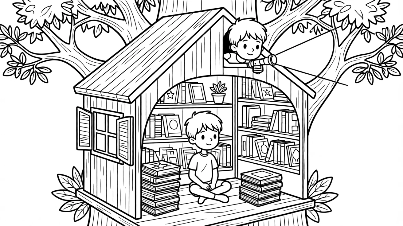 a thoughtful young boy sits in a treehouse library and builds a fort out of picture books and peeks out from the top with a flashlight.