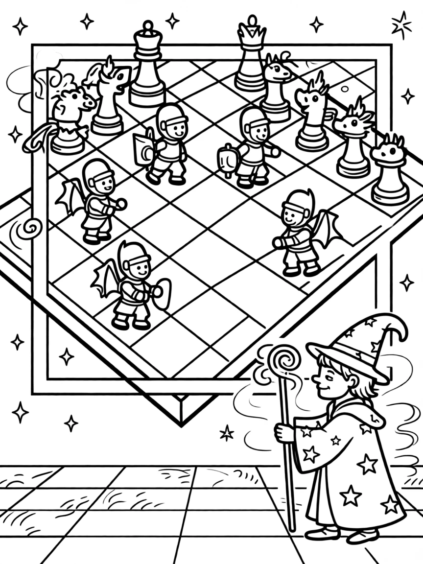 A wizard's enchanted chess set comes alive at midnight, tiny knights and dragons battling across the board on their own.