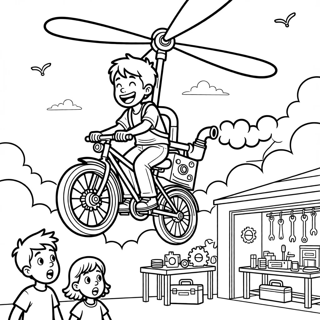 [Imaginative Inventions] A dynamic scene shows a flying bicycle with propeller wings zooming through the sky on a homemade flyer inside a garage full of gadgets, letting out a triumphant roar. Close by, neighbors watch with amazement from below. Smoke puffs playfully from a small pipe. The moment unfolds on a foggy morning, under clear blue skies, filled with energetic detail perfect for a young colorist.