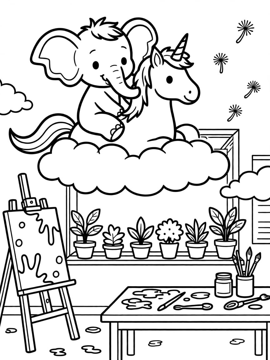 A baby elephant with big flapping ears is flying through fluffy clouds on a friendly unicorn inside an art studio splattered with paint. Just beyond, a row of potted plants along a windowsill and floating dandelion seeds catching the light round out the happy picture.