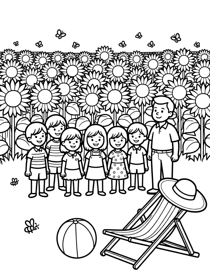 A festive crowd dressed in red and white in a sunflower field stretching toward the horizon, while a proud grandfather looks on nearby, a striped beach ball and a sunhat resting on a beach chair completing the scene.