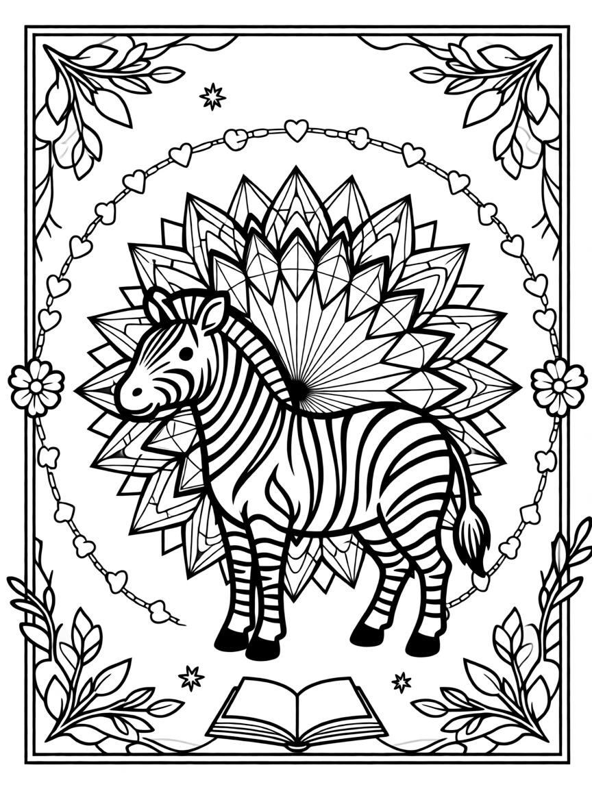 Zoo & Safari Animals: The page presents a small themed scene built around a zebra with bold curved stripes, tied together by a crystal-facet mandala built from angular repeating shapes. The scene is set within a framed scene where every element on one side is echoed by a twin on the opposite side. Decorative details fill the surrounding space, including tiny pinwheel stars, a chain of linked heart shapes, and overlapping fish-scale textures woven throughout the background. A playful extra touch completes the page: a tiny open book resting at the base of the design.