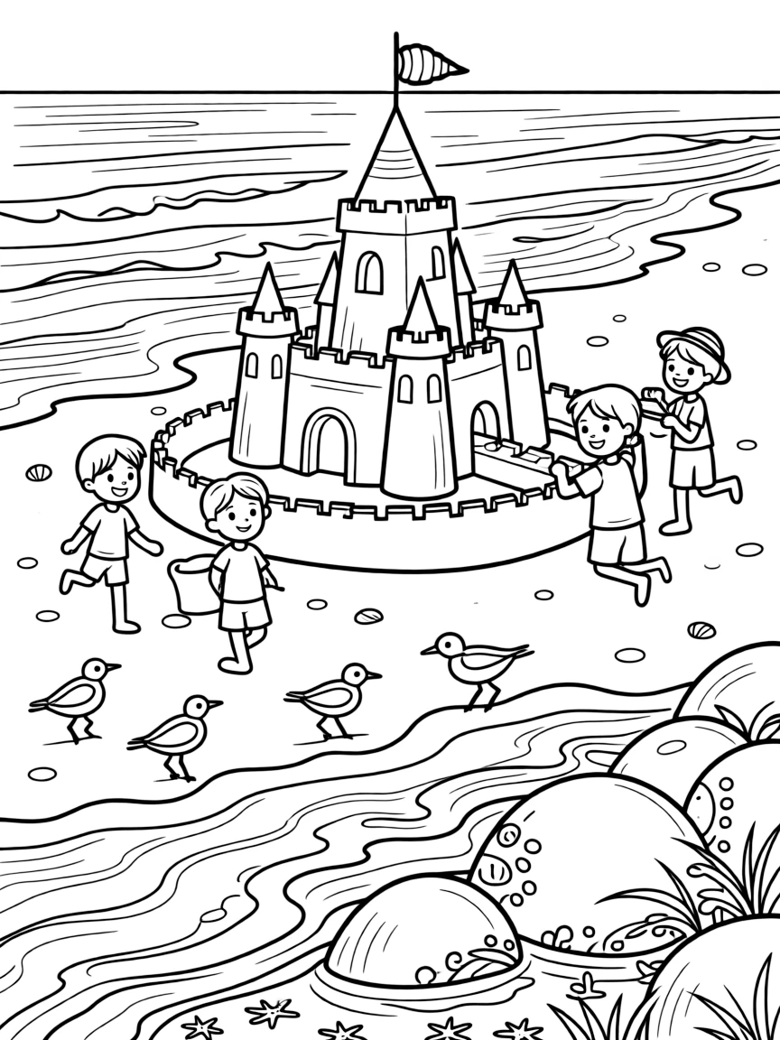[Sandy Beaches] A group of children build an elaborate sandcastle complete with towers, a moat, and a seashell flag. Sandpipers dash along the shoreline, chasing the retreating waves. Rolling waves crash near a cluster of smooth rocks dotted with barnacles and tide pools. Golden sunset light glows across the sand as the tide slowly rolls in.