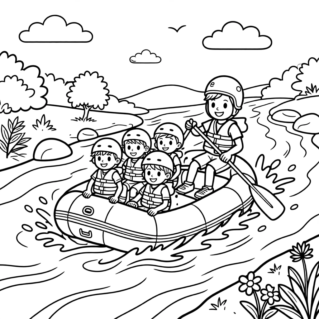 A river guide steers a group of kids down rapids in an inflatable raft.