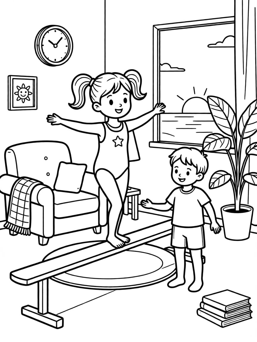 A girl in pigtails balancing on a gymnastics beam with a friend from swim class in a cozy living room as the sun sets in orange and pink.