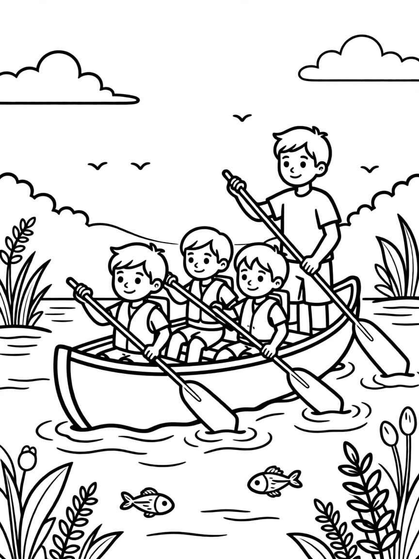 A group of classmates, practicing steering strokes at the back of the canoe under an instructor's guidance.