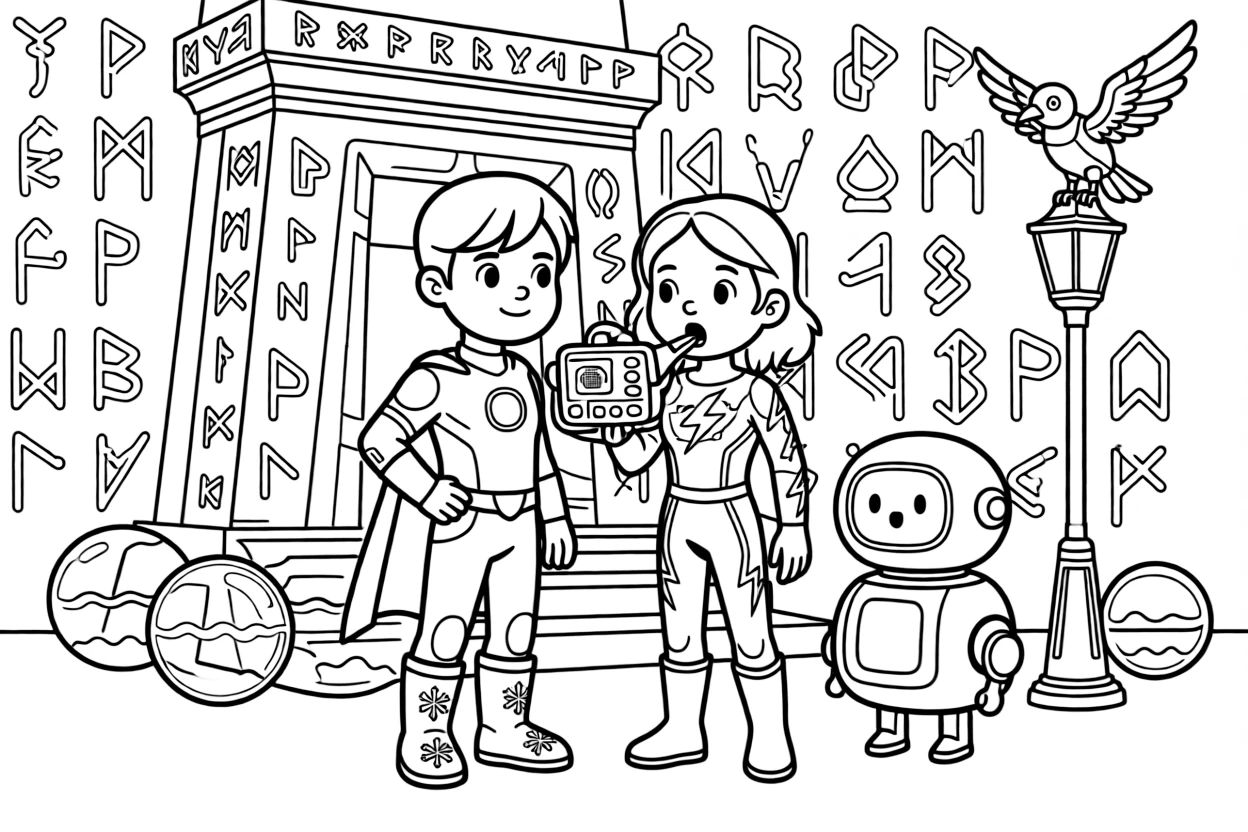Twin superhero siblings Ionia (ice-powered) and Ruby (electric) teaching a robot how to whistle using a special gadget near an ancient alien temple covered in glowing runes, surrounded by a robotic bird perched on a lamp post and a cluster of soap-bubble-like energy shields.