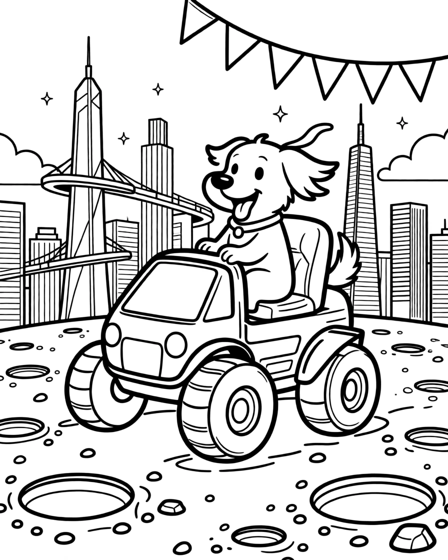 A big, friendly a bouncy lunar rover crossing a field of craters rolls through a gleaming futuristic city skyline with towers and skywalks, with a friendly dog with its ears flapping in the wind enjoying the ride and a string of triangle pennant flags overhead adding a playful touch.