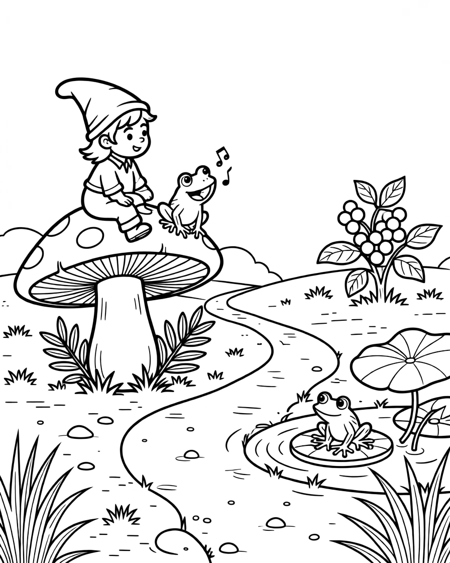 A mushroom-riding gnome pet singing a cheerful tune with a frog along a dusty savanna trail, near a berry bush, while a curious frog watches from a lily pad.