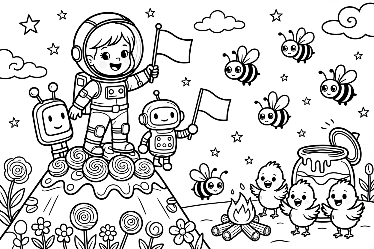 At a beach bonfire roasting marshmallows, a starry-eyed girl astronaut and her robot pet is busy planting flags on top of a candy mountain summit, cheered on by a swarm of bees buzzing around a honey jar and a trio of giggling baby chicks. The whole gang can't stop smiling.