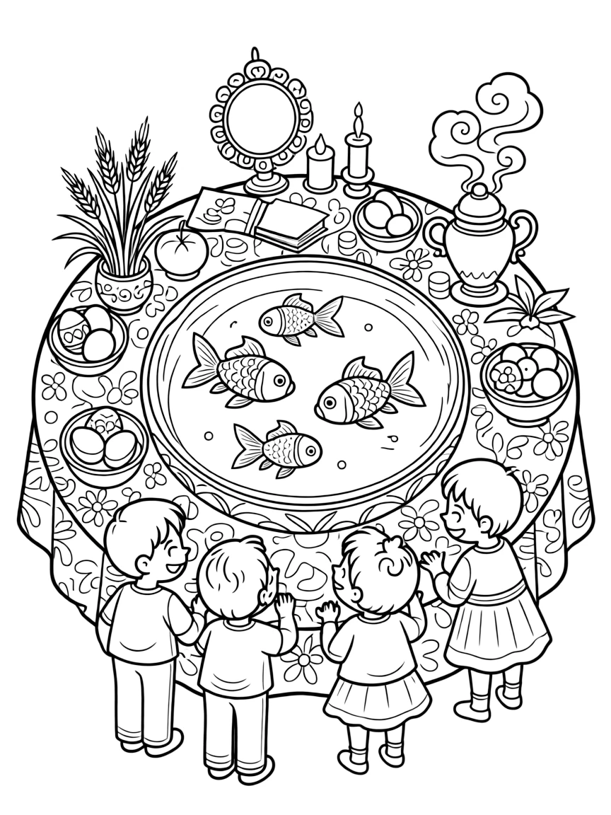 A coloring page showing a bowl of goldfish placed on a decorated Nowruz table in Iran, admired by a group of delighted children gathered close by.