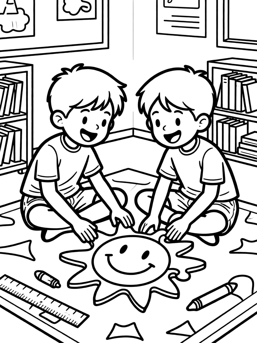 excited twin brothers solve a jigsaw puzzle shaped like a smiling sun on the classroom floor.