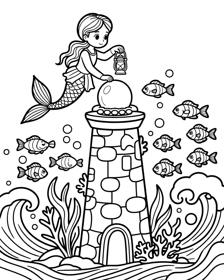 A merfolk lighthouse keeper tends a glowing pearl atop an underwater tower, guiding lost fish safely home through a storm.