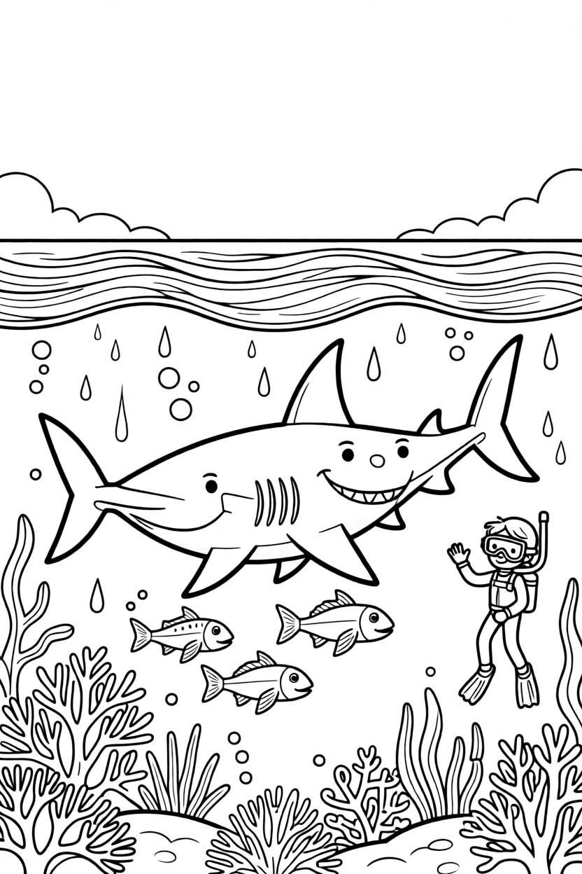 [Sharks] A dynamic scene shows a powerful great white shark gliding past a coral reef beneath crashing ocean waves, smiling proudly. Close by, a diver watches safely from a distance. Remora fish trail along beside it. The moment unfolds just after a rainstorm, with a light drizzle just ending, filled with energetic detail perfect for a young colorist.