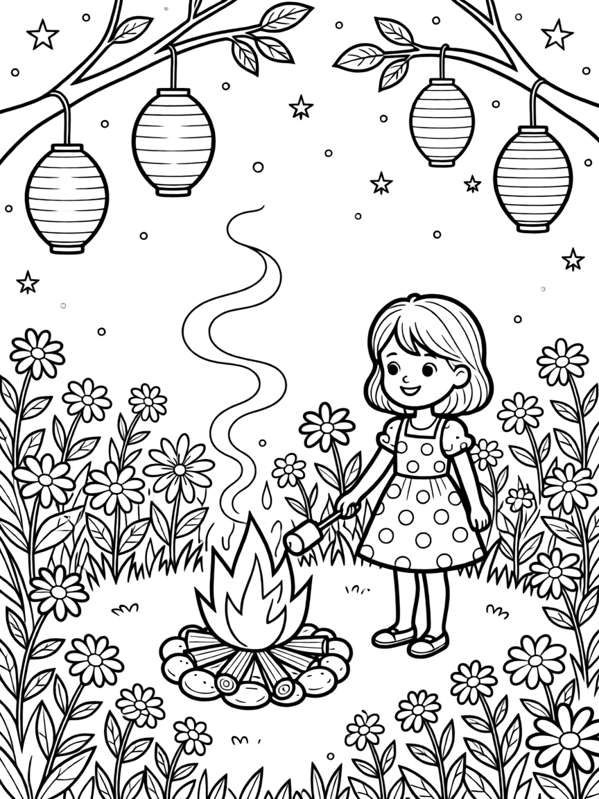 A girl in a polka-dot sundress is roasting marshmallows over a crackling campfire in a starlit meadow. All around, wildflowers swaying gently in the wind and paper lanterns hanging from low branches complete the joyful scene.