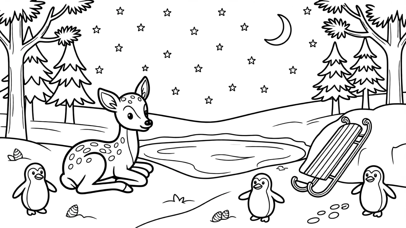A spotted fawn sitting beside a starry sky stretching over a snowy hill on a frozen pond ringed by pine trees, with a sled leaning against a snowbank and a trio of playful penguins scattered about.