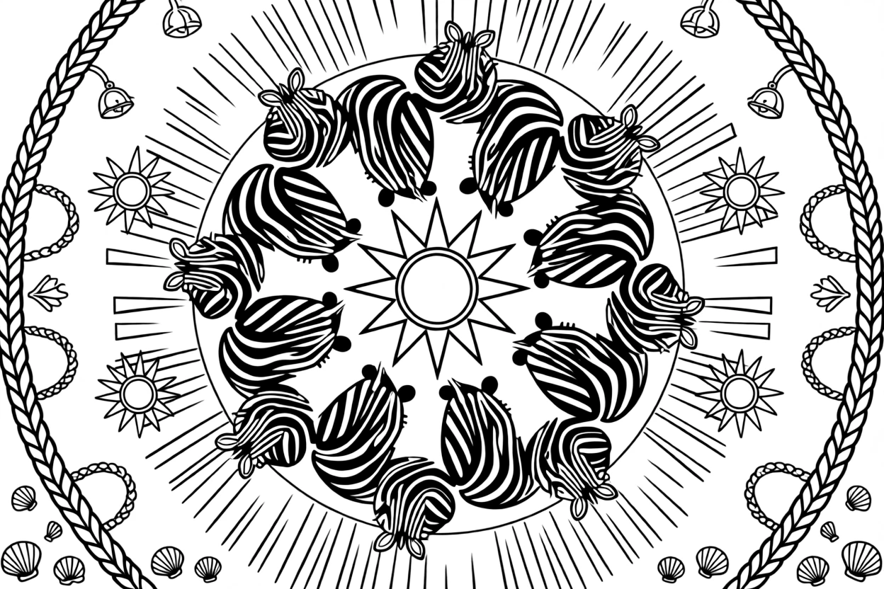 Zoo & Safari Animals: The design turns a zebra with bold curved stripes into a kaleidoscope-style composition anchored by a sunburst mandala with rays spreading evenly outward. The imagery is arranged in a spinning ring of repeated segments, each one a slightly rotated twin of its neighbor. Decorative details fill the surrounding space, including bands of braided rope shapes, rays fanning out like a small sunburst, and clusters of tiny bells woven throughout the background. A playful extra touch completes the page: a cluster of small seashells scattered along the bottom border.