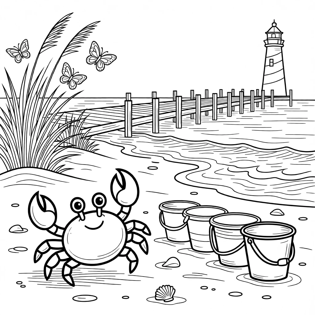 [Sandy Beaches] A friendly crab scuttles sideways across the sand, dodging a row of colorful beach buckets. Butterflies drift over beach grass growing along the edge of the dunes. A wooden pier stretches out over the water, with a lighthouse visible in the distance. Golden sunset light glows across the sand as the tide slowly rolls in.