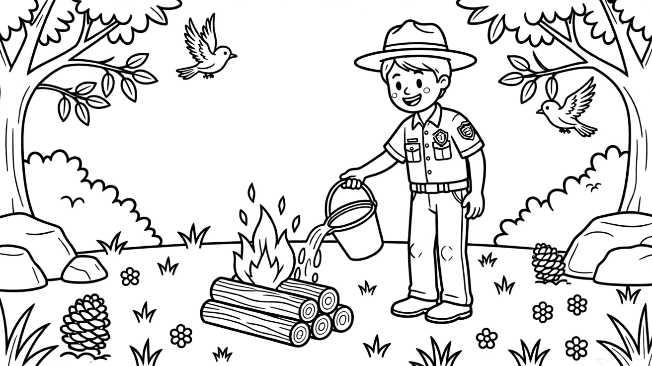 A national park ranger puts out a campfire safely with a bucket of water.