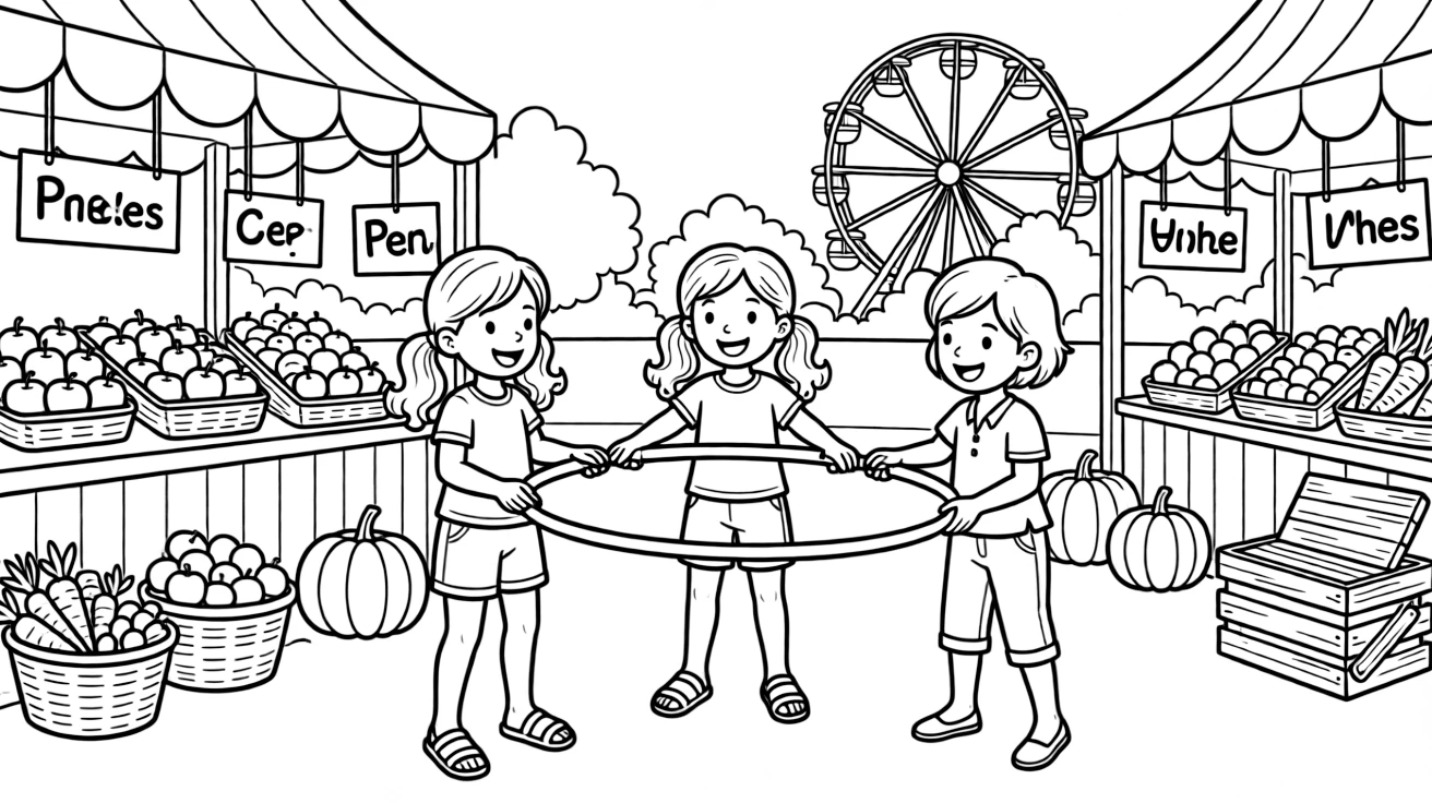 Twin sisters spinning a hula hoop with a new classmate at a farmers market stall while a ferris wheel spins in the distance.