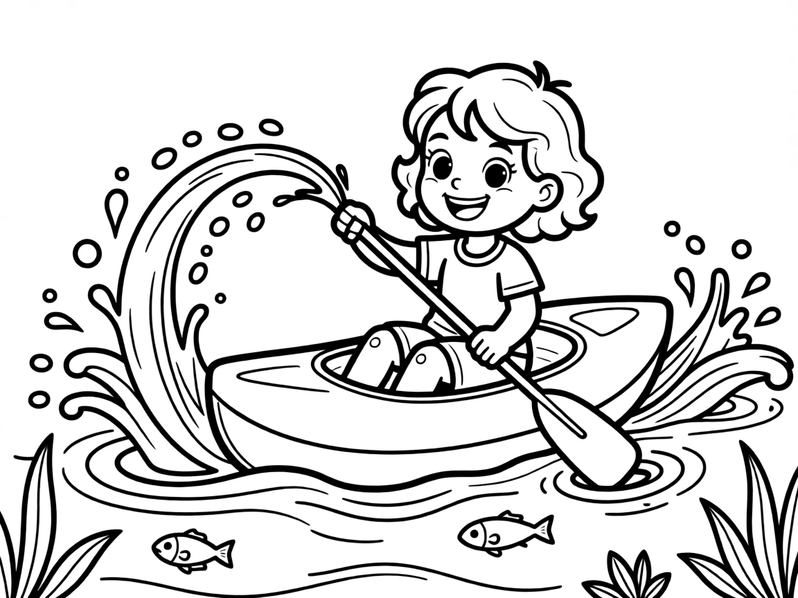 A little girl with curly hair, splashing water playfully with a paddle during a break from paddling.