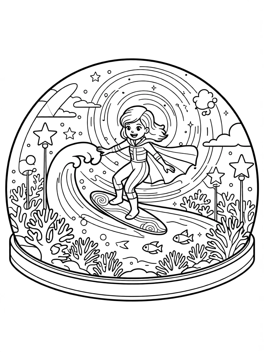 In an underwater dome city surrounded by coral reefs, Ranger Ruby, a bold wind-riding superhero kid surfing on a wave of stardust through a nebula, while a row of streetlights shaped like glowing stars adds to the excitement.
