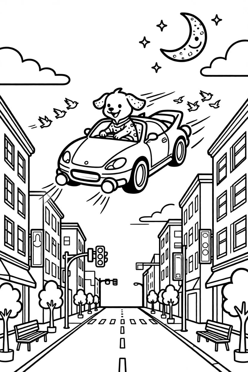 This page centers on a sleek flying car with glowing thruster lights exploring a bustling city street lined with tall buildings and traffic lights, featuring a friendly dog with its ears flapping in the wind and little extras like a flock of birds flying alongside in formation and twinkling stars and a smiling crescent moon above.