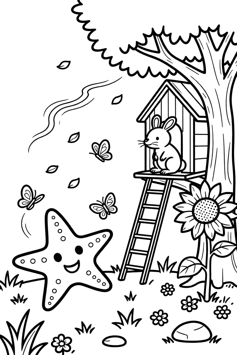 A starfish chasing butterflies through the garden with a bilby in a treehouse among the branches, near a giant sunflower, while a gentle breeze scatters flower petals.