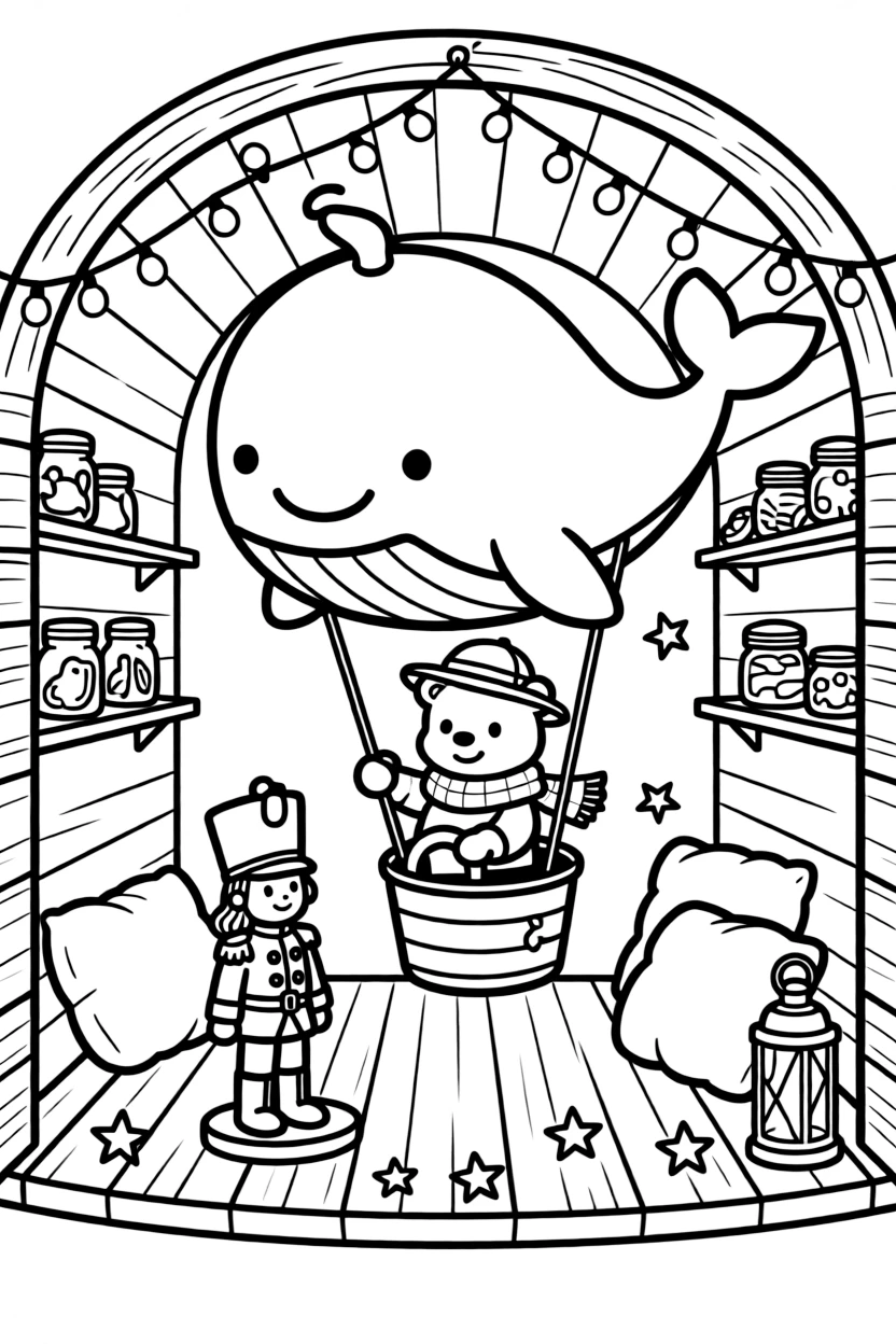 In a cozy burrow decorated with fairy lights, a twinkly gummy bear adventurer discovers the joy of steering a hot air balloon shaped like a whale, while a wind-up toy soldier standing at attention watches happily nearby. The whole scene bursts with joy and adventure.