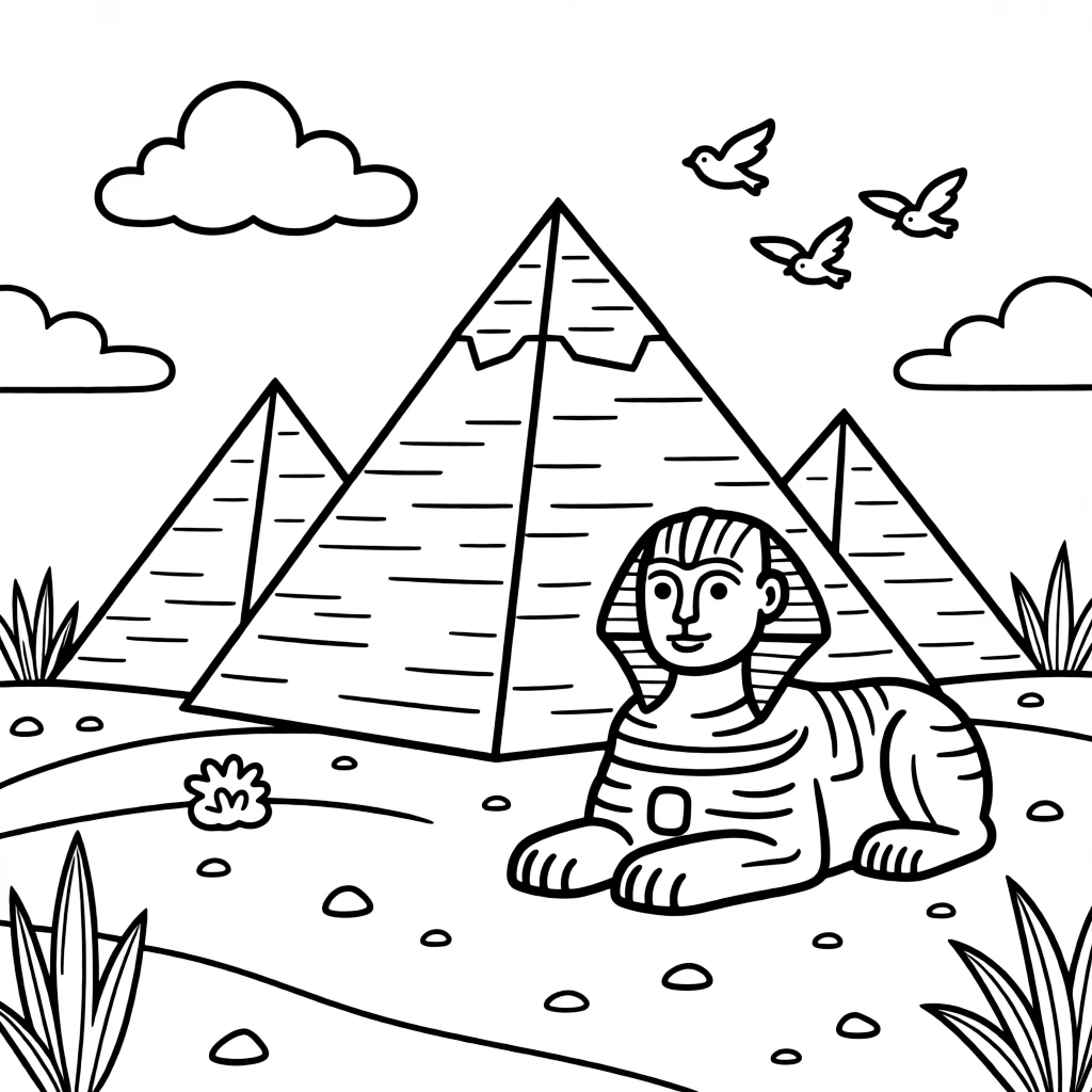 A coloring page celebrating Egypt featuring the great pyramids of Giza standing beside the Sphinx in the desert, with a few small birds in the sky and friendly clouds nearby.