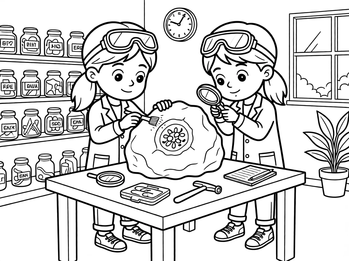 wide-eyed twin sisters in safety goggles studies a fossil embedded in a rock using a small brush and hand lens.