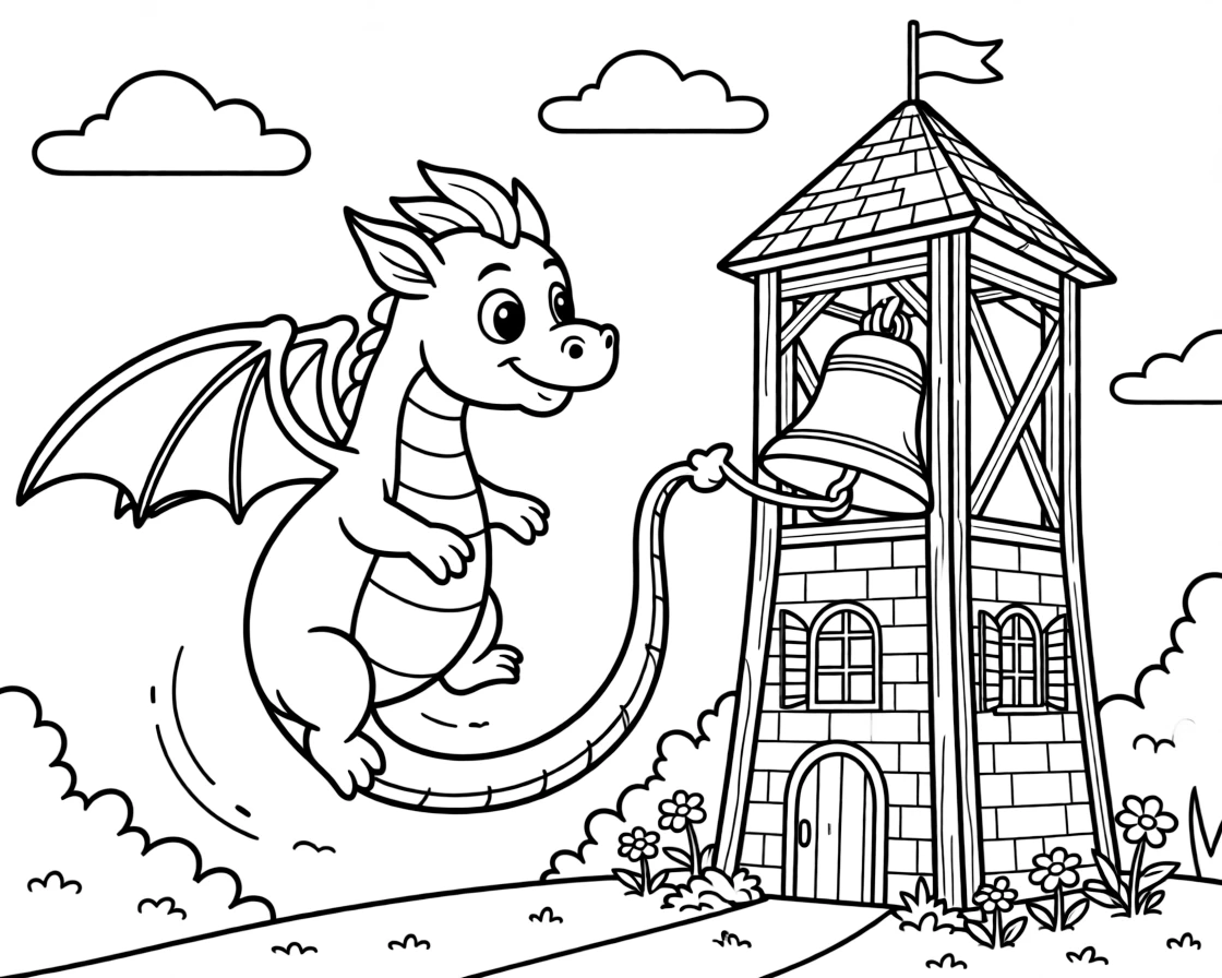 A young dragon practices flying loops around a bell tower, accidentally ringing the bell with the tip of its tail.