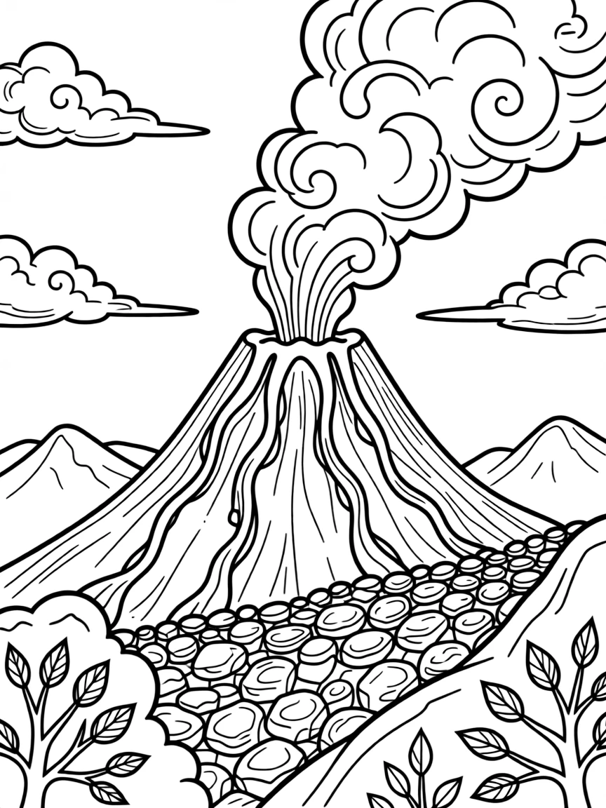 [Volcanoes] a volcanic mountain with glowing lava puffing thick smoke into the sky atop a rocky mountain ridge. In the background, ash drifts gently through the air, adding extra fun to explore. Smoke billows upward in thick curls. It all happens on a crisp autumn afternoon, under clear blue skies.