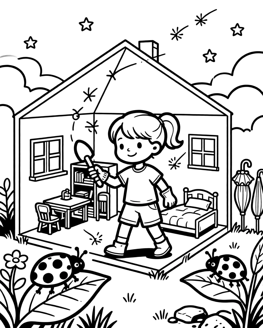 A girl gardener with a trowel and gloves is chasing fireflies just as the sky turns purple inside a dollhouse-sized world of tiny furniture. a curious ladybug resting on a leaf and a row of colorful umbrellas fill the page with charm.