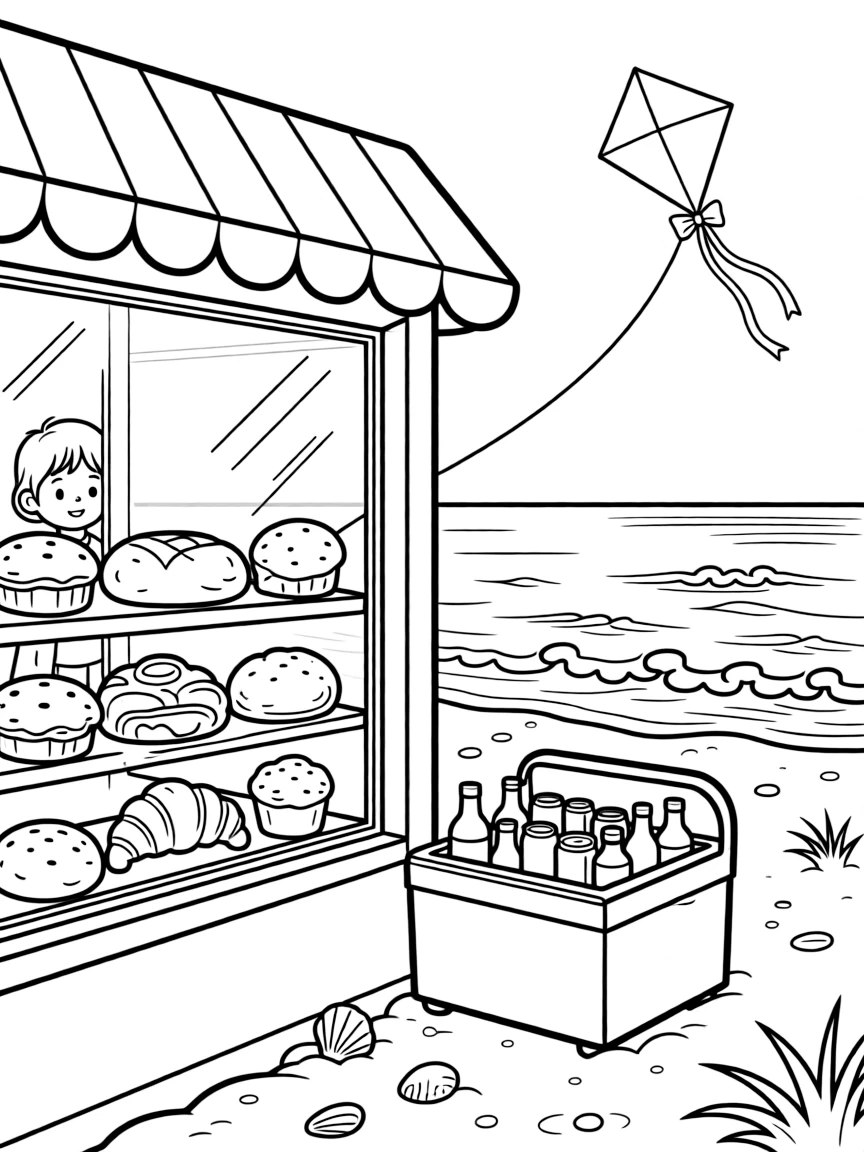 A close-up of a bakery window full of pastries and bread on a sandy beach with gentle waves rolling in, surrounded by a cooler stocked with cold drinks and a kite soaring high overhead.