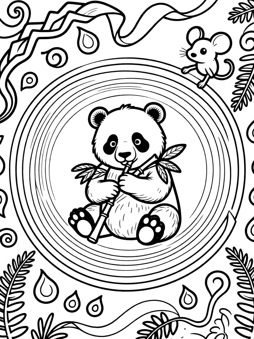 Zoo & Safari Animals: The main subject is a panda munching a stalk of bamboo, drawn as the focal point of a set of perfectly matched concentric rings. It is positioned in the middle of the page so the design radiates outward evenly in every direction. Decorative details fill the surrounding space, including curling paisley teardrops, curling fern-frond shapes, and ribbons folded into gentle zigzags woven throughout the background. A playful extra touch completes the page: a curious little mouse peeking out from behind one of the shapes.