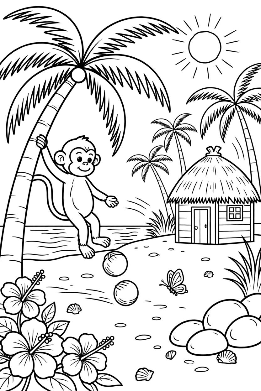 [Tropical Islands] A friendly monkey swings from a palm tree, tossing coconuts down onto the soft sand below. Butterflies flutter around hibiscus flowers growing near a cluster of smooth boulders. A small hut with a thatched roof sits beneath swaying palm trees near a quiet lagoon. A warm breeze rustles the palm fronds as the sun sets in brilliant orange and pink.